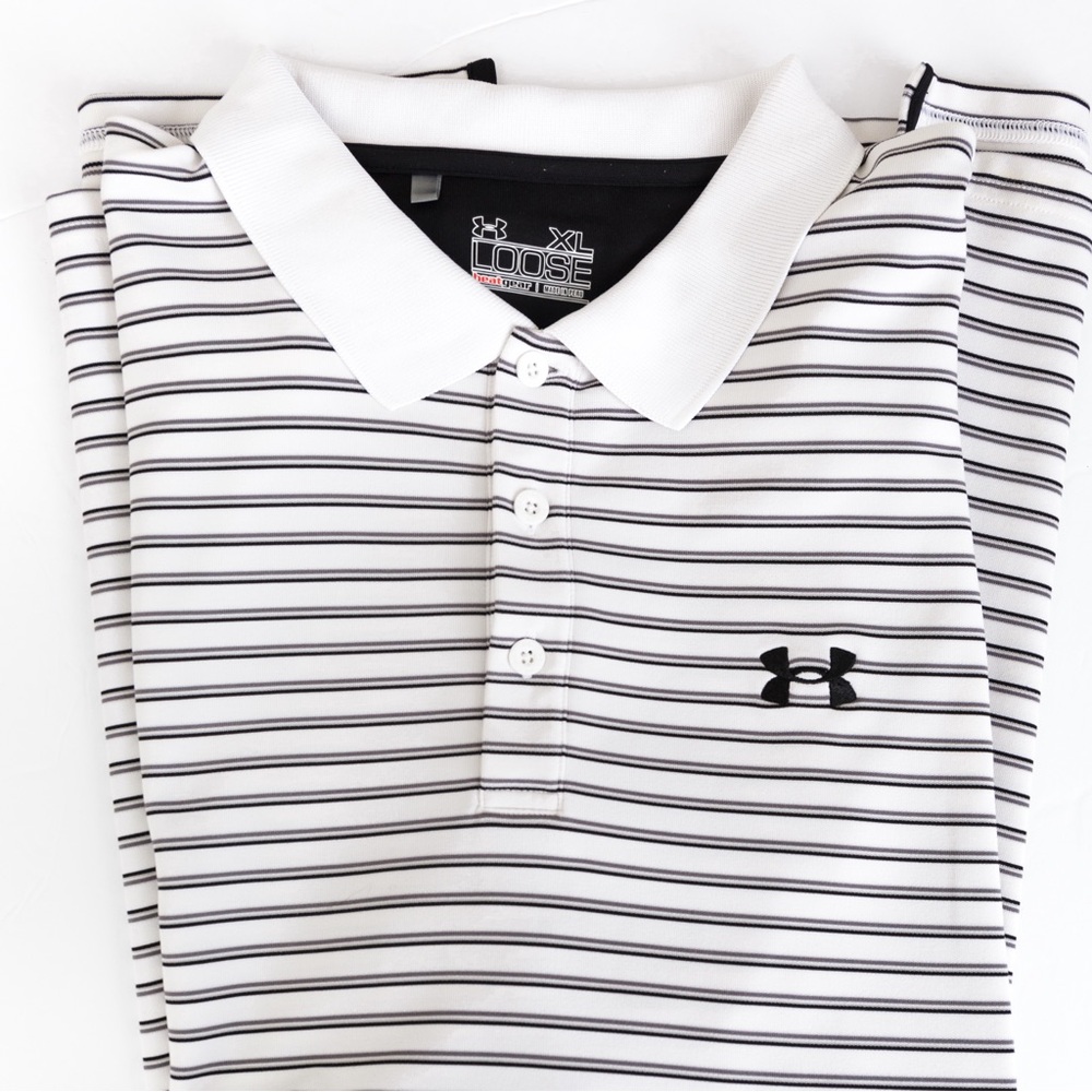 Under Armour heat gear loose fit polo style stripe shirt white, gray, & black XL - Picture 8 of 12